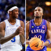 A split composite image of Cameron Boozer, left, AJ Dybantsa, and Darryn Peterson