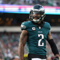 Dec 8, 2024; Philadelphia, Pennsylvania, USA;  Philadelphia Eagles cornerback Darius Slay Jr. (2) reacts after a defensive stop against the Carolina Panthers during the fourth quarter at Lincoln Financial Field. Mandatory Credit: Bill Streicher-Imagn Images