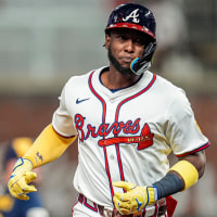 Aug 6, 2025; Cumberland, Georgia, USA; Atlanta Braves outfielder Jurickson Profar (7) runs after hitting a home run against the Milwaukee Brewers during the sixth inning at Truist Park. Mandatory Credit: Dale Zanine-Imagn Images