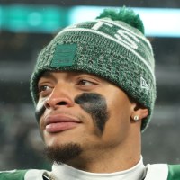 EAST RUTHERFORD, NEW JERSEY - NOVEMBER 30: Justin Fields #7 of the New York Jets looks on after the game against the Atlanta Falcons at MetLife Stadium on November 30, 2025 in East Rutherford, New Jersey. (Photo by Elsa/Getty Images)