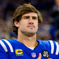 INDIANAPOLIS, INDIANA - NOVEMBER 30: Daniel Jones #17 of the Indianapolis Colts holds hand over heart during National Anthem prior to an NFL football game against the Houston Texans at Lucas Oil Stadium on November 30, 2025 in Indianapolis, Indiana. (Photo by Todd Rosenberg/Getty Images)