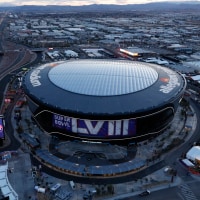 LAS VEGAS, NEVADA - FEBRUARY 08: A general exterior overall aerial view of Allegiant Stadium with Super Bowl LVIII signage ahead of the Super Bowl 58 between the Kansas City Chiefs and the San Francisco 49ers on February 08, 2024 in Las Vegas, Nevada. (Photo by Aaron M. Sprecher/Getty Images)
