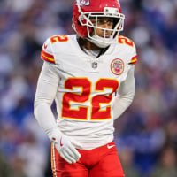 ORCHARD PARK, NEW YORK - NOVEMBER 02: Trent McDuffie #22 of the Kansas City Chiefs looks on during the second quarter of the NFL 2025 game between Kansas City Chiefs and Buffalo Bills at Highmark Stadium on November 02, 2025 in Orchard Park, New York. (Photo by Bryan Bennett/Getty Images)