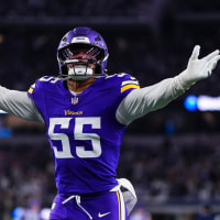 ARLINGTON, TX - DECEMBER 14: Eric Wilson #55 of the Minnesota Vikings runs out onto the field prior to an NFL football game against the Dallas Cowboys at AT&T Stadium on December 14, 2025 in Arlington, Texas. (Photo by Cooper Neill/Getty Images)