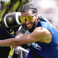 LOS ANGELES, CALIFORNIA - MARCH 21: Housh Doucette #7 of the US Men's Flag Football Team runs the ball during the Fanatics Flag Football Classic at BMO Stadium on March 21, 2026 in Los Angeles, California. (Photo by Michael Owens/Getty Images for OBB Media - FANATICS STUDIOS)
