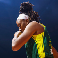 Sep 1, 2025; Seattle, Washington, USA; Seattle Storm forward Nneka Ogwumike (3) walks to center court during player introductions before a game against the Los Angeles Sparks at Climate Pledge Arena. Mandatory Credit: Joe Nicholson-Imagn Images