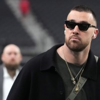 Jan 4, 2026; Paradise, Nevada, USA; Kansas City Chiefs tight end Travis Kelce (87) arrives before the game against the Las Vegas Raiders at Allegiant Stadium. Mandatory Credit: Kirby Lee-Imagn Images