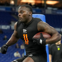 Feb 28, 2026; Indianapolis, IN, USA; Notre Dame running back Jeremiyah Love (RB11) during the NFL Scouting Combine at Lucas Oil Stadium. Mandatory Credit: Kirby Lee-Imagn Images