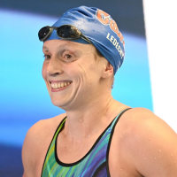 Jun 3, 2025; Indianapolis, Indiana, UNITED STATES; Katie Ledecky smiles after winning the women's 800 meter freestyle at the Toyota National Championships swimming meet at Indiana University Natatorium. Mandatory Credit: Robert Goddin-Imagn Images