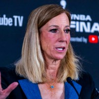 WNBA commissioner Cathy Engelbert speaks to the media before Game 1 of the WNBA Finals series with the Las Vegas Aces facing the Phoenix Mercury in the Michelob Ultra Arena at Mandalay Bay on Friday, Oct. 3, 2025, in Las Vegas. (L.E. Baskow/Las Vegas Review-Journal/Tribune News Service via Getty Images)