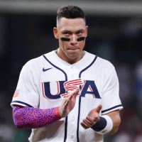 Mar 9, 2026; Houston, TX, United States; United States outfielder Aaron Judge (99) reacts in the middle of the fourth inning against Mexico at Daikin Park. Mandatory Credit: Troy Taormina-Imagn Images