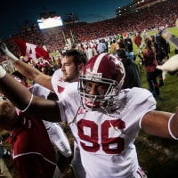 Alabama's Luther Davis (96) gestures at the end of Alabama's 26-21 win over Auburn in an NCAA college football game at Jordan-Hare Stadium in Auburn, Ala., Friday, Nov. 27, 2009.