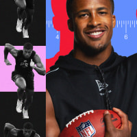 Photo illustration of Sonny Styles holding a football, flexing his arm muscle, and running during training.