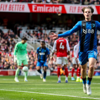 LONDON, ENGLAND - APRIL 11: Alex Scott of Bournemouth celebrates after he scores a goal to make it 2-1 during the Premier League match between Arsenal and Bournemouth at Emirates Stadium on April 11, 2026 in London, England. (Photo by Robin Jones - AFC Bournemouth/AFC Bournemouth via Getty Images)