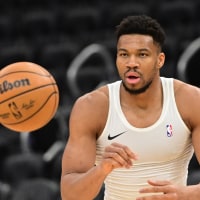 Apr 3, 2026; Milwaukee, Wisconsin, USA; Milwaukee Bucks forward Giannis Antetokounmpo (34) warms up before the game against the Boston Celtics at Fiserv Forum. Mandatory Credit: Benny Sieu-Imagn Images
