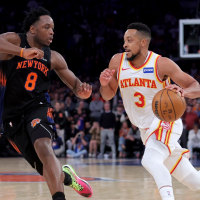 Apr 20, 2026; New York, New York, USA; Atlanta Hawks guard CJ McCollum (3) drives to the basket against New York Knicks forward OG Anunoby (8) during the fourth quarter of game two of the first round of the 2026 NBA Playoffs at Madison Square Garden. Mandatory Credit: Brad Penner-Imagn Images