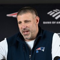 Mar 13, 2025; Foxborough, MA, USA; New England Patriots head coach Mike Vrabel discusses the teamís recent free agent additions with the media at Gillette Stadium. Mandatory Credit: Eric Canha-Imagn Images