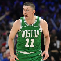 Apr 24, 2026; Philadelphia, Pennsylvania, USA; Boston Celtics guard Payton Pritchard (11) reacts after a three point basket against the Philadelphia 76ers during the second half at Xfinity Mobile Arena. Mandatory Credit: Eric Hartline-Imagn Images