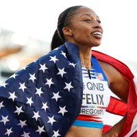 EUGENE, OREGON - JULY 15: Allyson Felix of Team United States reacts after winning bronze in the 4x400m Mixed Relay Final on day one of the World Athletics Championships Oregon22 at Hayward Field on July 15, 2022 in Eugene, Oregon. (Photo by Steph Chambers/Getty Images)