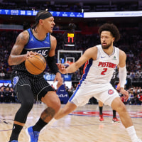 DETROIT, MICHIGAN - APRIL 29: Paolo Banchero #5 of the Orlando Magic is defended by Cade Cunningham #2 of the Detroit Pistons during the first quarter in Game Five of the First Round of the NBA Eastern Conference Playoffs at Little Caesars Arena on April 29, 2026 in Detroit, Michigan. NOTE TO USER: User expressly acknowledges and agrees that, by downloading and or using this photograph, User is consenting to the terms and conditions of the Getty Images License Agreement. (Photo by Gregory Shamus/Getty Images)