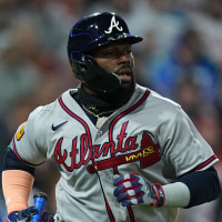 PHILADELPHIA, PENNSYLVANIA - APRIL 19: Michael Harris II #23 of the Atlanta Braves hits a solo home run in the top of the third inning against the Philadelphia Phillies at Citizens Bank Park on April 19, 2026 in Philadelphia, Pennsylvania. The Braves defeated the Phillies 4-2. (Photo by Mitchell Leff/Getty Images)