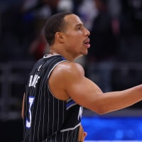 DETROIT, MICHIGAN - APRIL 19: Paolo Banchero #5 and Desmond Bane #3 of the Orlando Magic celebrate a 112-101 win over the Detroit Pistons in game one of the first round of the eastern conference playoffs at Little Caesars Arena on April 19, 2026 in Detroit, Michigan. NOTE TO USER: User expressly acknowledges and agrees that, by downloading and or using this photograph, User is consenting to the terms and conditions of the Getty Images License Agreement. (Photo by Gregory Shamus/Getty Images)