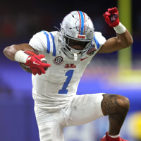 NEW ORLEANS, LA - JANUARY 01: Wide receiver De'Zhaun Stribling #1 of the Ole Miss Rebels leaps over a defender during the college football Playoff Quarterfinal at the Allstate Sugar Bowl game between the Ole Miss Rebels and the Georgia Bulldogs on January 01, 2026 at the Caesars Superdome in New Orleans, LA. (Photo by Jeff Robinson/Icon Sportswire via Getty Images)