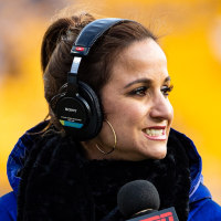 PITTSBURGH, PA - NOVEMBER 10: ESPN sideline reporter Dianna Russini looks on during the NFL football game between the Los Angeles Rams and the Pittsburgh Steelers on November 10, 2019 at Heinz Field in Pittsburgh, PA. (Photo by Mark Alberti/Icon Sportswire via Getty Images)