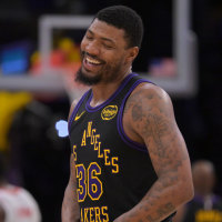 Apr 21, 2026; Los Angeles, California, USA; Los Angeles Lakers guard Marcus Smart (36) smiles on the court during the second half of game two of the first round of the 2026 NBA Playoffs against the Houston Rockets at Crypto.com Arena. Mandatory Credit: Jayne Kamin-Oncea-Imagn Images