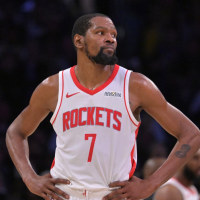 Apr 21, 2026; Los Angeles, California, USA; Houston Rockets forward Kevin Durant (7) looks on from the court in the second half of game two of the first round of the 2026 NBA Playoffs against the Los Angeles Lakers at Crypto.com Arena. Mandatory Credit: Jayne Kamin-Oncea-Imagn Images