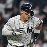 Apr 13, 2026; Bronx, New York, USA; New York Yankees right fielder Aaron Judge (99) rounds the bases after hitting a two run home run against the Los Angeles Angels during the first inning at Yankee Stadium. Mandatory Credit: John Jones-Imagn Images