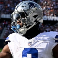 Sep 21, 2025; Chicago, Illinois, USA; Dallas Cowboys wide receiver George Pickens (3) reacts after scoring a touchdown against the Chicago Bears during the first half at Soldier Field. Mandatory Credit: Matt Marton-Imagn Images