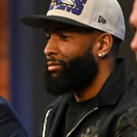 Apr 13, 2023; Owings Mills, MD, USA; Baltimore Ravens wide receiver Odell Beckham Jr. (M), head coach John Harbaugh (L), and executive vice president &amp; general manager Eric DeCosta (R) speak to media at his introduction press conference at Under Armour Performance Center. Mandatory Credit: Reggie Hildred-USA TODAY Sports