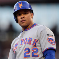 Apr 2, 2026; San Francisco, California, USA; New York Mets outfielder Juan Soto (22) reacts after scoring a run on an RBI double hit by infielder Bo Bichette (19) against the San Francisco Giants during the first inning at Oracle Park. Mandatory Credit: Robert Edwards-Imagn Images