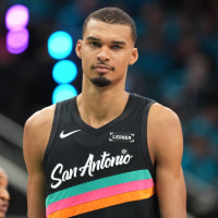 Apr 19, 2026; San Antonio, Texas, USA; San Antonio Spurs forward Victor Wembanyama (1) reacts to a call by an official during the second half of game one of the first round of the 2026 NBA Playoffs against the Portland Trail Blazers at Frost Bank Center. Mandatory Credit: Scott Wachter-Imagn Images