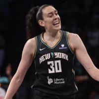 Jul 13, 2025; Brooklyn, New York, USA; New York Liberty forward Breanna Stewart (30) reacts after forcing a turnover on the Atlanta Dream in the third quarter at Barclays Center. Mandatory Credit: Wendell Cruz-Imagn Images