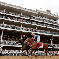 Golden Tempo, left, after crossing the finish line to win the Kentucky Derby at Churchill Downs on May 2, 2026 in Louisville.