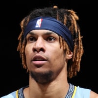 Brandon Clarke stands with his hands on his hips wearing a light blue Grizzlies jersey