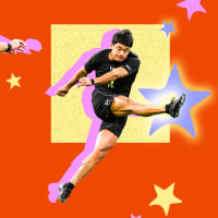 An illustration depicting Kansei Matsuzawa kicking a football on an orange background surrounded by stars