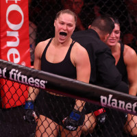 Mixed Martial Arts (MMA) fighter Ronda Rousey reacts after defeating Gina Carano during their Featherweight Bout at the Intuit Dome in Inglewood, California, on May 16, 2026.