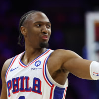 Apr 30, 2026; Philadelphia, Pennsylvania, USA; Philadelphia 76ers guard Tyrese Maxey (0) reacts to a play against the Boston Celtics during the second quarter at Xfinity Mobile Arena. Mandatory Credit: Bill Streicher-Imagn Images