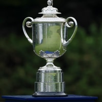 NEWTOWN, PENNSYLVANIA - MAY 14: A detailed view of the Wanamaker Trophy near the first tee during the first round of the PGA Championship at Aronimink Golf Club on May 14, 2026 in Newtown, Pennsylvania. (Photo by Emilee Chinn/Getty Images)