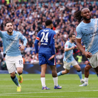 LONDON, ENGLAND - MAY 16: Antoine Semenyo of Manchester City celebrates scoring his team's first goal during the Emirates FA Cup Final match between Chelsea and Manchester City on May 16, 2026 in London, England. (Photo by Ryan Pierse/Getty Images)