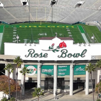 PASADENA, CALIFORNIA - JANUARY 03: A general overall aerial view of the Rose Bowl Stadium facade on January 3, 2025 in Pasadena, California. (Photo by Kirby Lee/Getty Images)