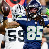 SEATTLE, WASHINGTON - AUGUST 7: Tyrone Broden #85 of the Seattle Seahawks celebrates during third quarter of the NFL Preseason 2025 game against the Las Vegas Raiders at Lumen Field on August 7, 2025 in Seattle, Washington. (Photo by Jane Gershovich/Getty Images)