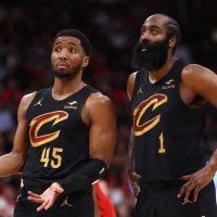 TORONTO, CANADA - MAY 01: Donovan Mitchell #45 and James Harden #1 of the Cleveland Cavaliers react against the Toronto Raptors during the fourth quarter in Game Six of the First Round of the NBA Eastern Conference Playoffs at Scotiabank Arena on May 01, 2026 in Toronto, Ontario, Canada. NOTE TO USER: User expressly acknowledges and agrees that, by downloading and or using this photograph, User is consenting to the terms and conditions of the Getty Images License Agreement. (Photo by Cole Burston/Getty Images)