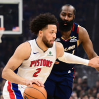 May 15, 2026; Cleveland, Ohio, USA; Detroit Pistons guard Cade Cunningham (2) drives to the basket against Cleveland Cavaliers guard James Harden (1) during the second half in game six of the second round of the 2026 NBA Playoffs at Rocket Arena. Mandatory Credit: Ken Blaze-Imagn Images