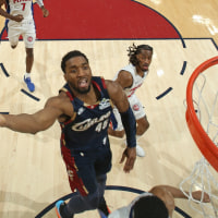 CLEVELAND, OH - MAY 11: Donovan Mitchell #45 of the Cleveland Cavaliers drives to the basket during the game against the Detroit Pistons during Round Two Game Four of the 2026 NBA Playoffs on May 11, 2026 at Rocket Arena in Cleveland, Ohio. NOTE TO USER: User expressly acknowledges and agrees that, by downloading and/or using this Photograph, user is consenting to the terms and conditions of the Getty Images License Agreement. Mandatory Copyright Notice: Copyright 2026 NBAE (Photo by Nathaniel S. Butler/NBAE via Getty Images)