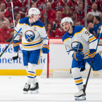 MONTREAL, CANADA- MAY 12: Zach Benson #6 of the Buffalo Sabres celebrates after scoring a goal during the third period of Game Four of the Second Round of the 2026 Stanley Cup Playoffs between the Montreal Canadiens and the Buffalo Sabres at the Bell Centre on May 12, 2026 in Montreal, Quebec, Canada. (Photo by Matt Garies/NHLI via Getty Images)