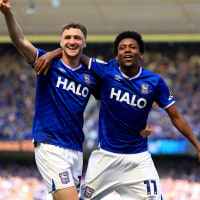 Ipswich Town's Jaden Philogene-Bidace (right) celebrates with Jack Taylor after scoring his sides second goal during the Sky Bet Championship match at Portman Road, Ipswich. Picture date: Saturday May 2, 2026. (Photo by Nigel French/PA Images via Getty Images)